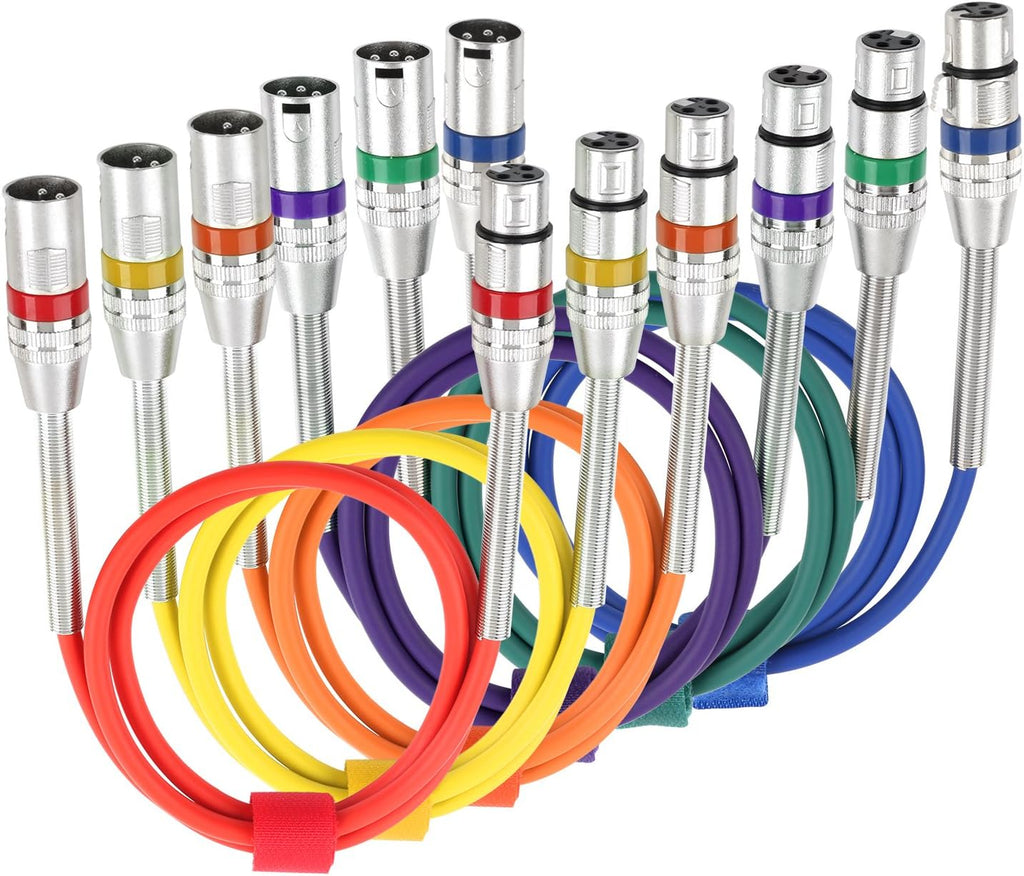 6 Pack Multi-Color 3.3 feet XLR Male to Female Microphone Cable P4655