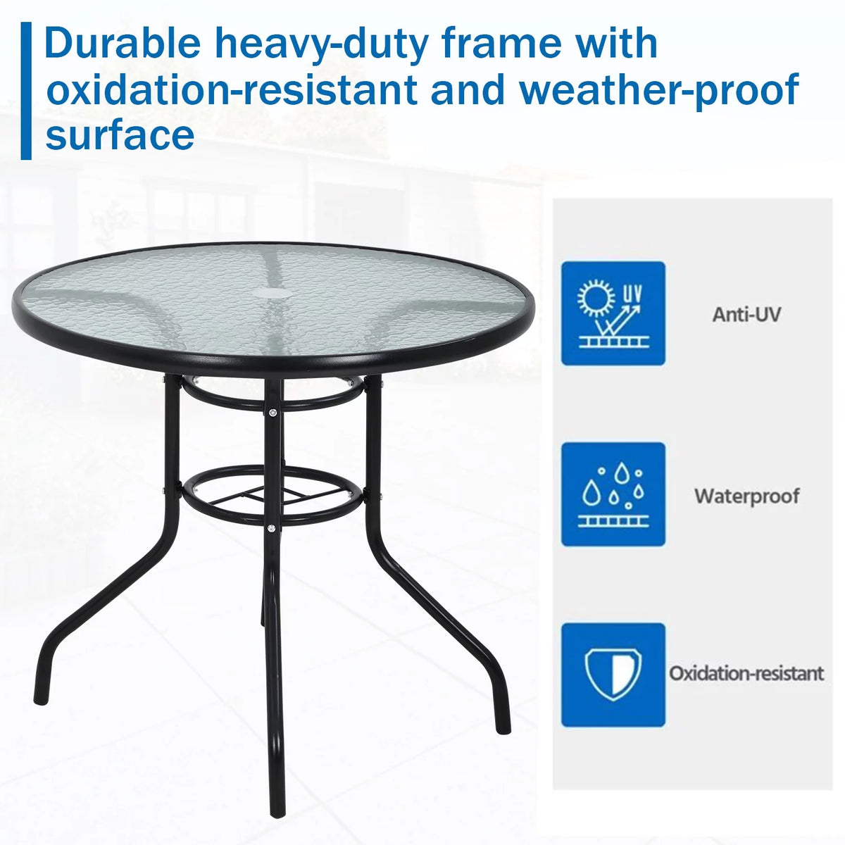 32" Round Glass Patio Table with Umbrella Hole B830