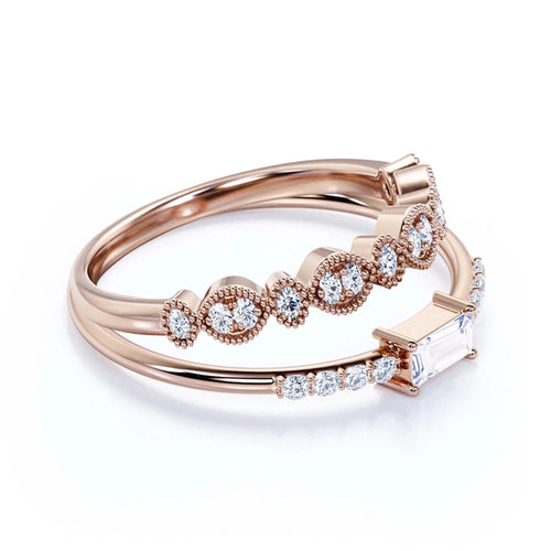 1.45 Carat Emerald Cut Diamond Moissanite Engagement Ring in Silver With 18k Rose Gold Plating I778