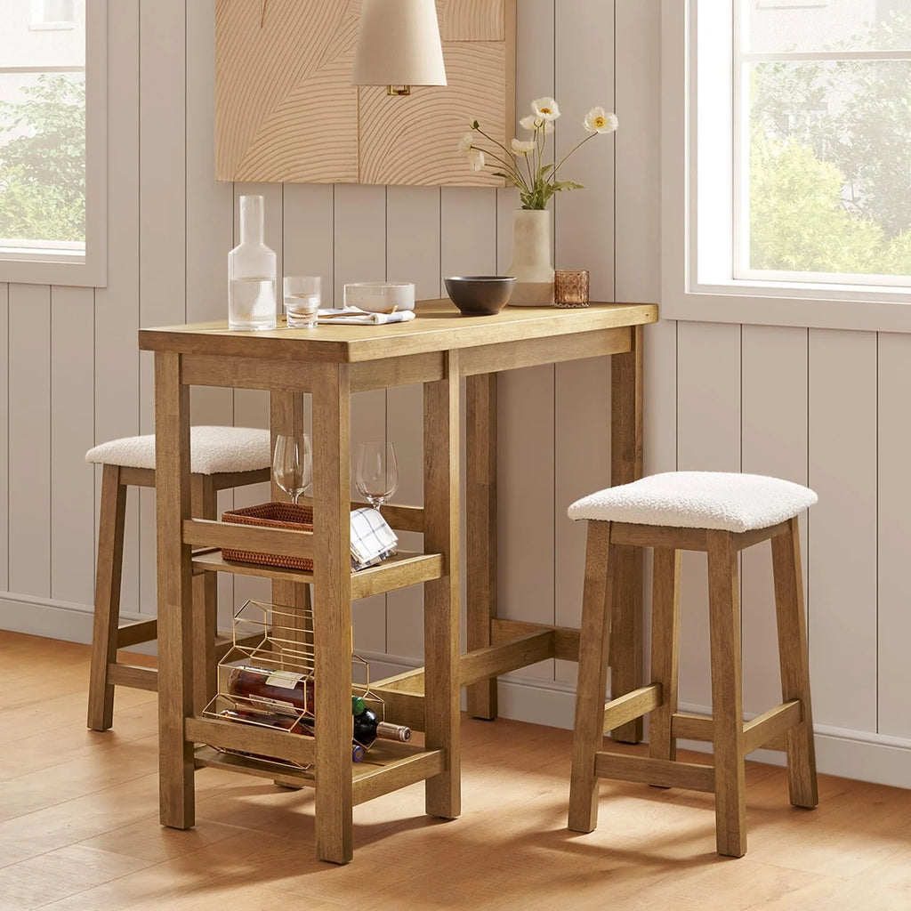 Solid Wood 3-Piece Counter Table Set with 2 Boucle Stools Z744