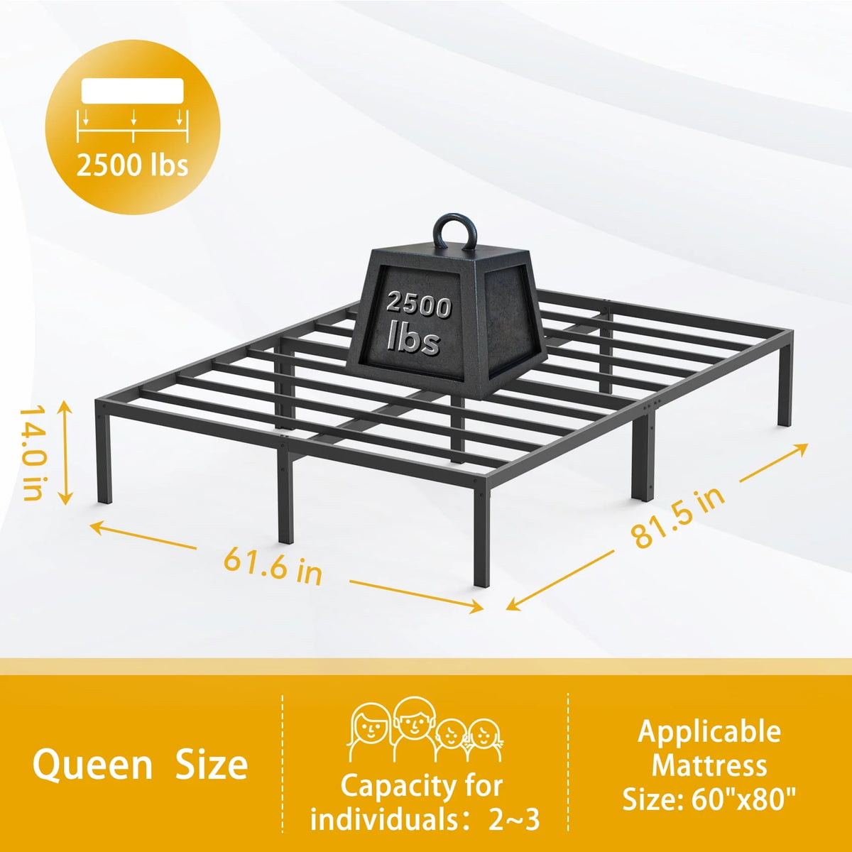 Heavy Duty Queen Size Metal Platform Bed Frame with 14 inch Under Bed Storage, Black P19483