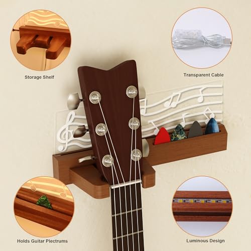Solid Wood & Acrylic USB-Powered Guitar Wall Mount Stand with LED Lights G2671
