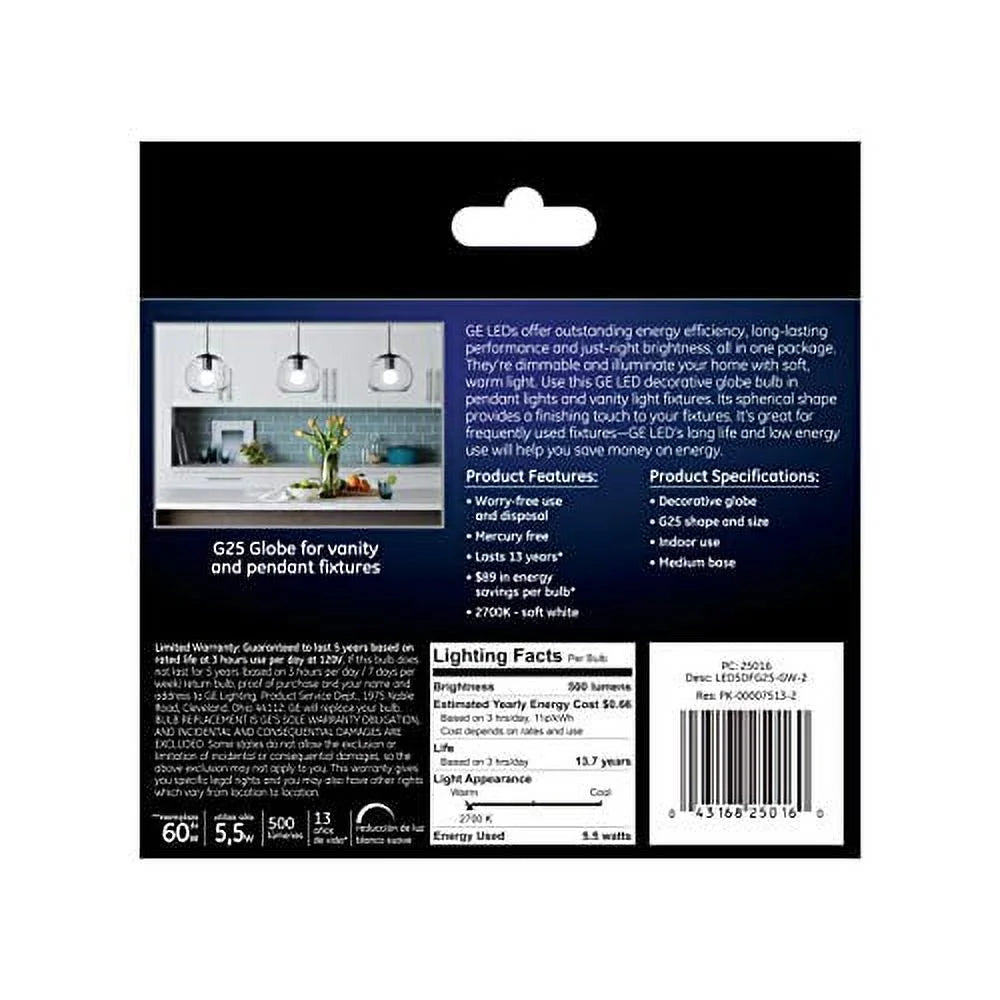 2-Pack 5.5-Watt LED Soft White Dimmable G25 Light Bulbs F6470