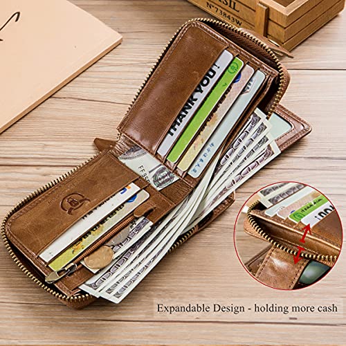 Genuine Leather Wallet with Zip Coin Pocket Coffee R5774