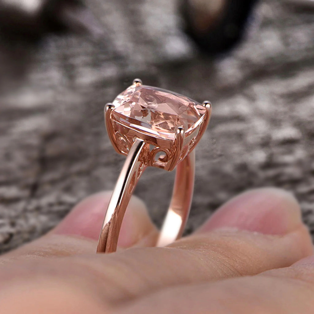 10mm Cushion Morganite 4 Carat Engagement Ring 10k Rose Gold Filigree N3342