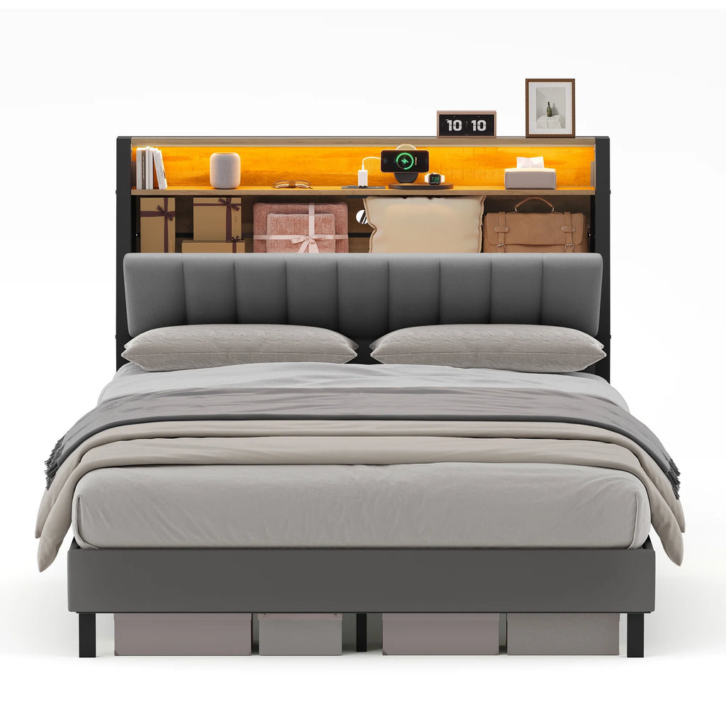 Full Size Bed Frame with Storage Headboard and Charging Station L230