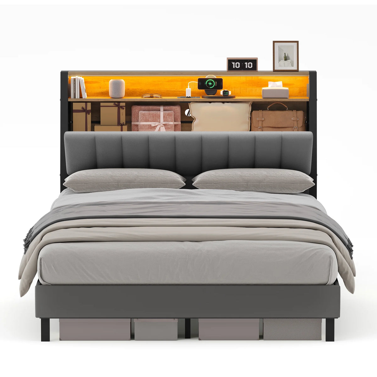Full Size Bed Frame with Storage Headboard and Charging Station L230