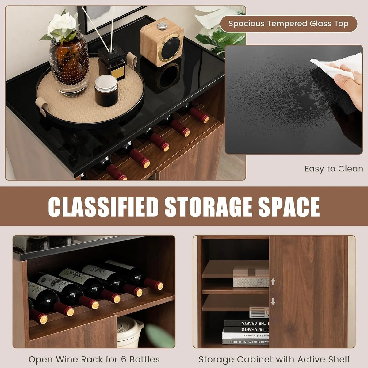 Wine Cabinet Sideboard Buffet Cabinet with Tempered Glass Top Sliding Door Freestanding Wine Rack Table P13424