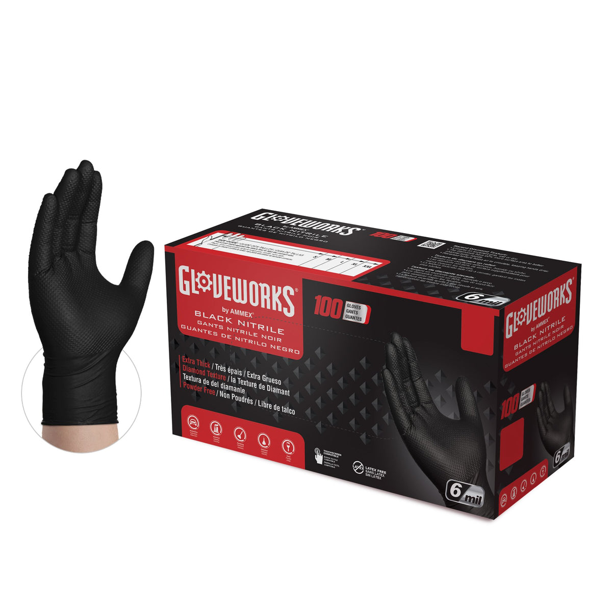 Black Nitrile Disposable Gloves, 6 Mil, Large, 100/Box M5107