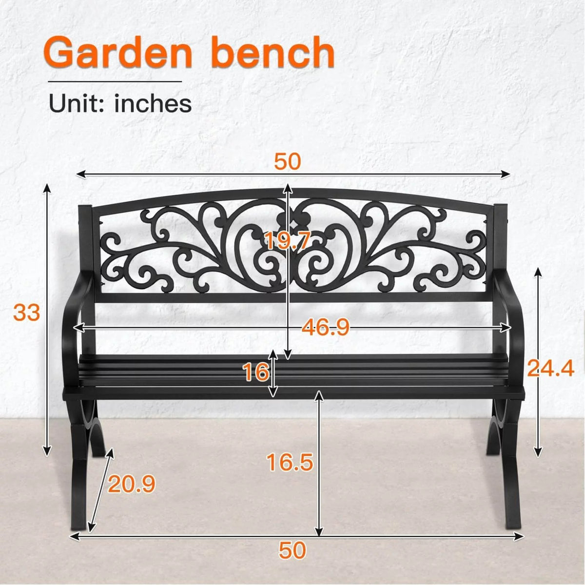50-in Black Metal Garden Bench with Armrests I485