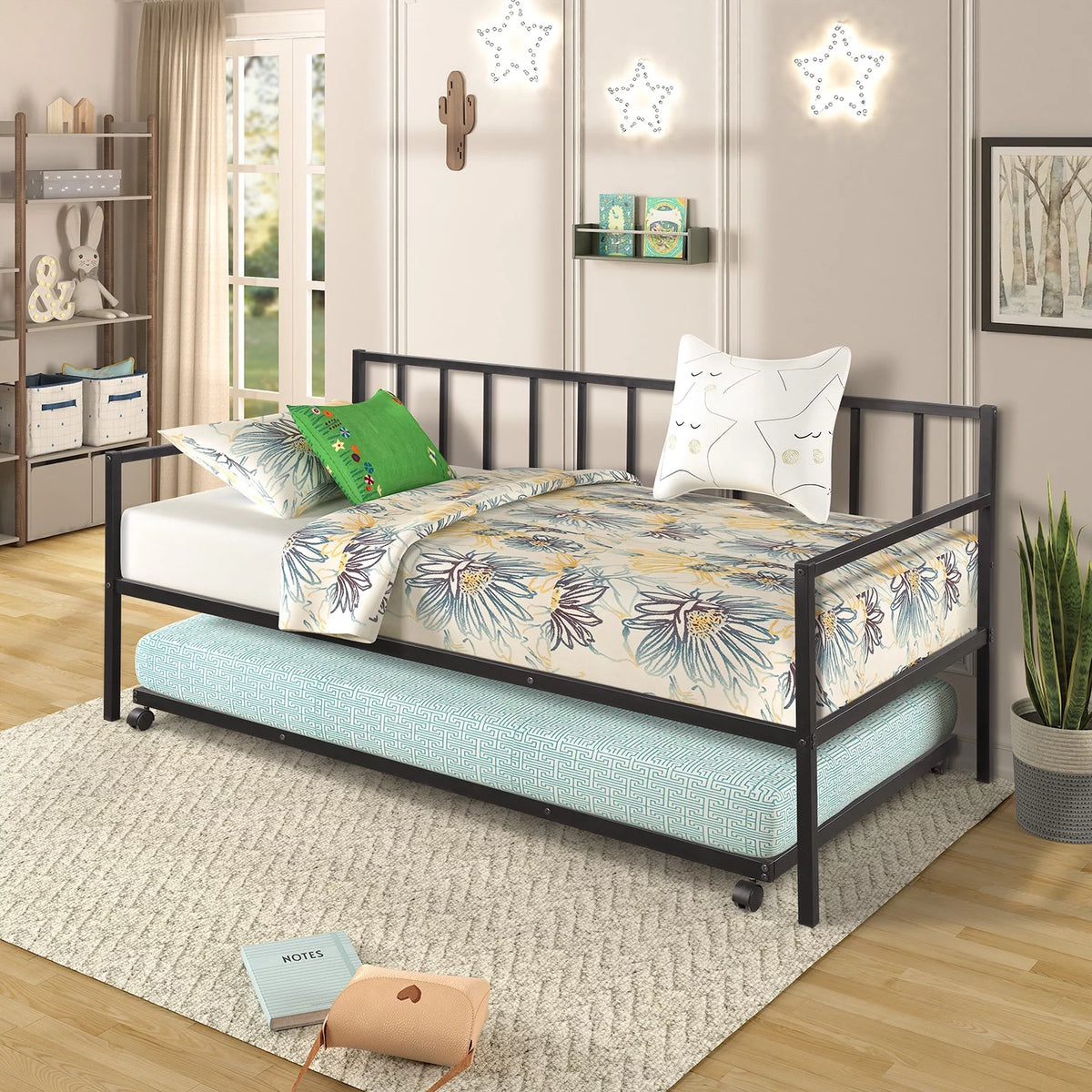 Black Metal Bed Frame with Rollers Q7246