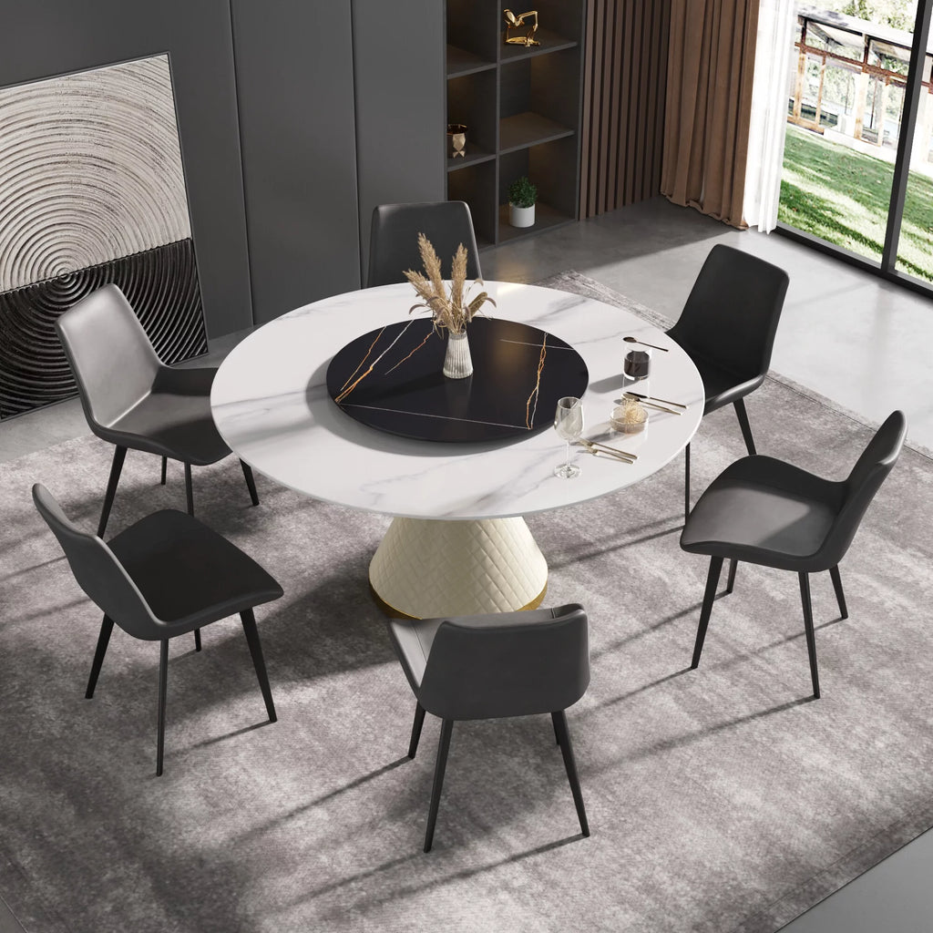 White Sintered Stone Round Dining Table with Black Slate Turntable Y312