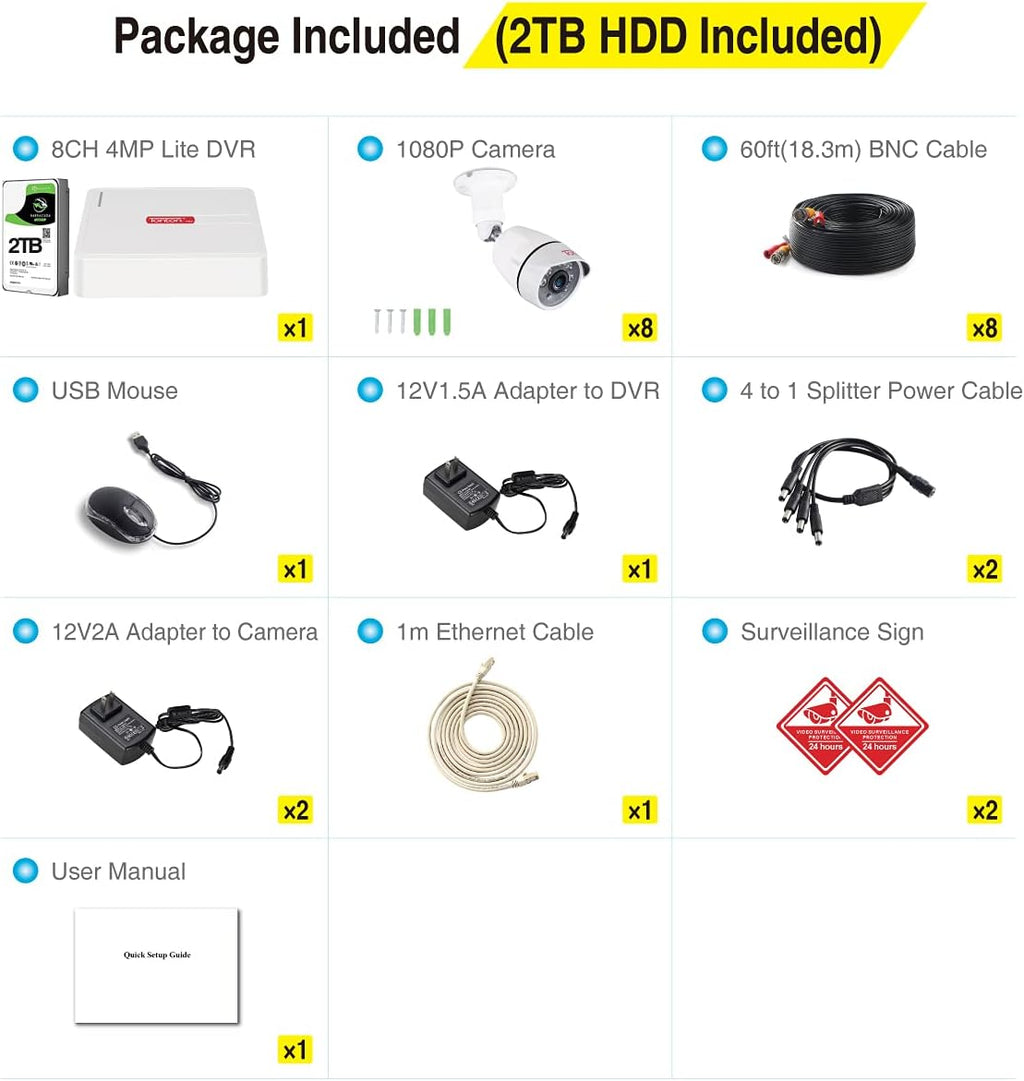 8CH H.265+ Hybrid DVR Security Camera System with 2TB HDD and 8PCS 2.0MP Weatherproof CCTV Bullet Cameras X144881