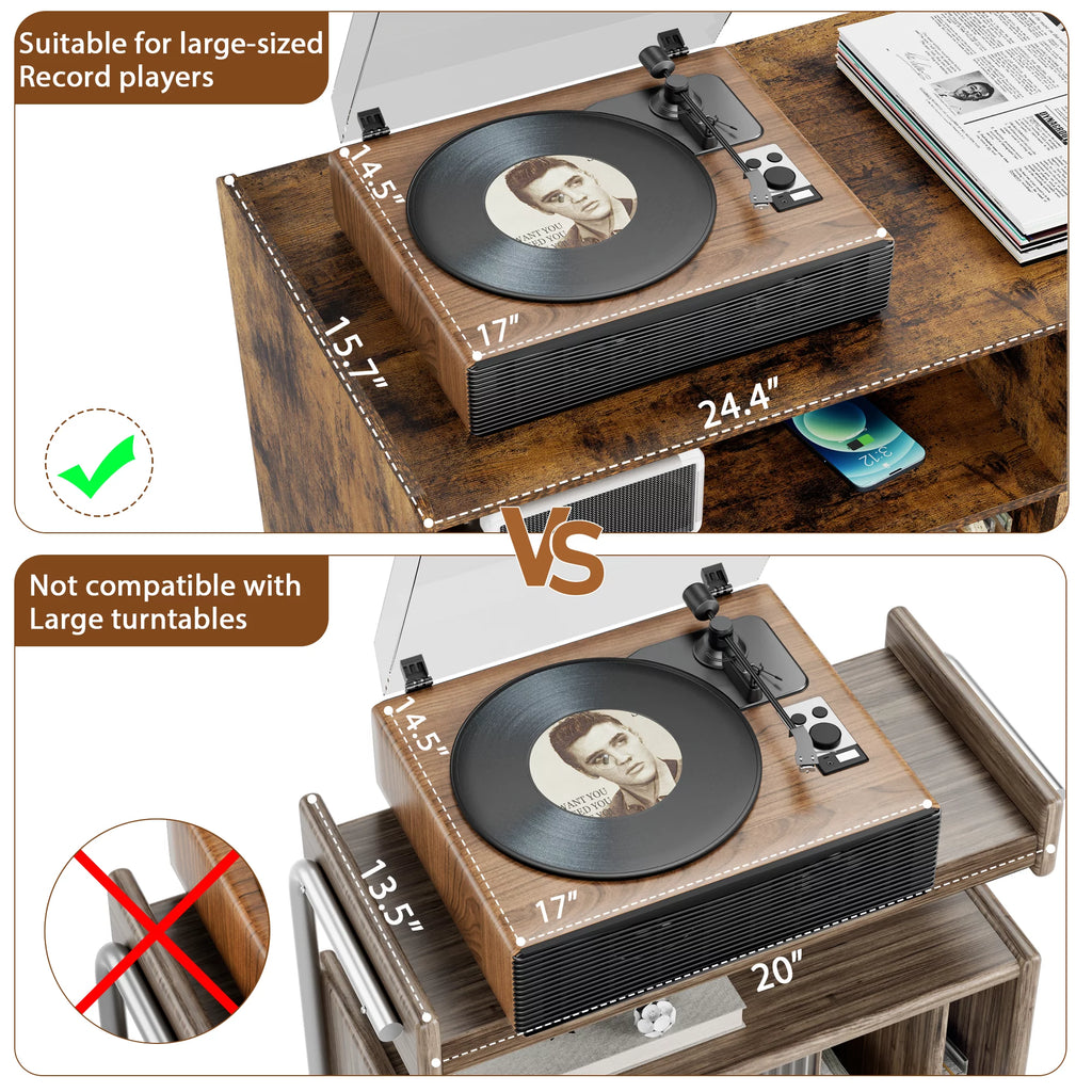 Record Player Stand with Vinyl Storage and Charging Station T5147
