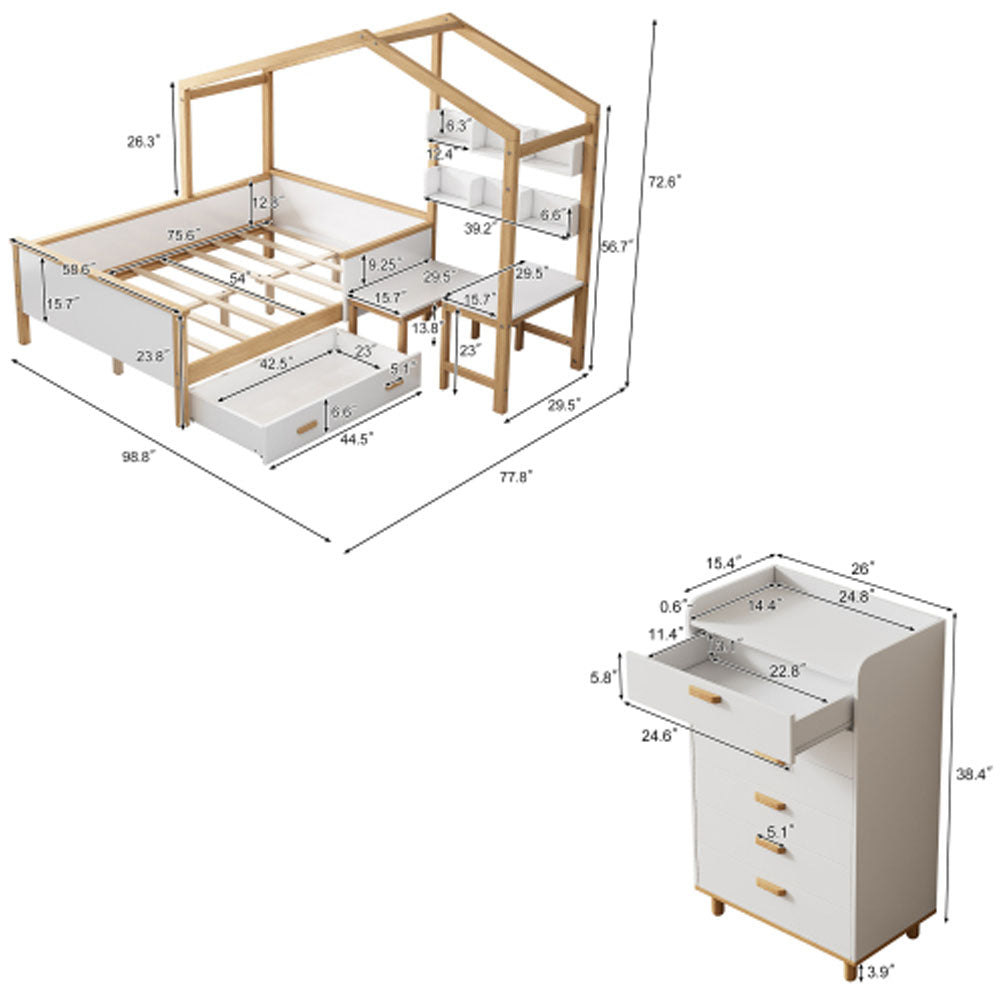 White Full Size Wooden House Bed with Desk and 6-Drawer Chest F507807