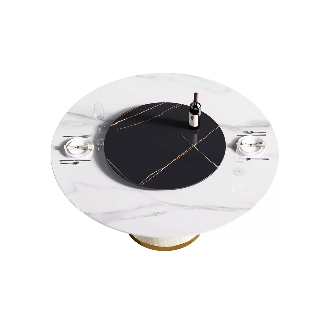 White Sintered Stone Round Dining Table with Black Slate Turntable Y312