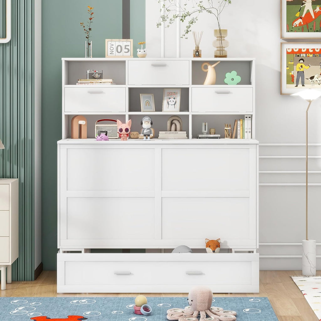 White Queen Size Murphy Bed with Bookcase and Drawer V370444