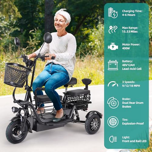 400W 48V Electric Tricycle with 3 Seats and Storage Baskets S893