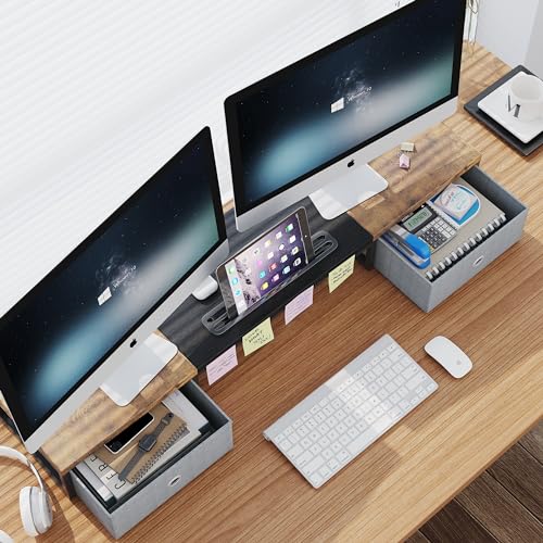 White 39Inch Wooden Dual Monitor Stand Riser with 2 Drawers K345902