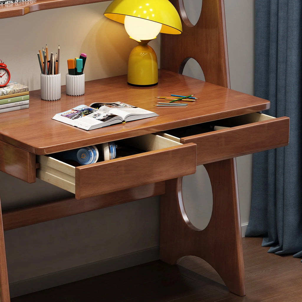 Brown Wooden Kid's Desk and Chair Set with Drawers and Bookshelf O9241