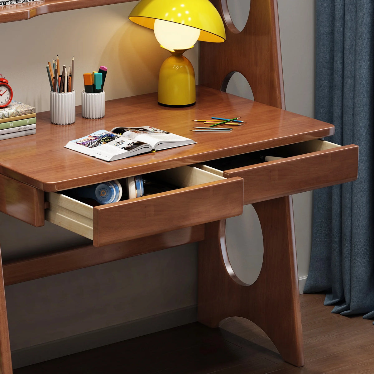 Brown Wooden Kid's Desk and Chair Set with Drawers and Bookshelf O9241
