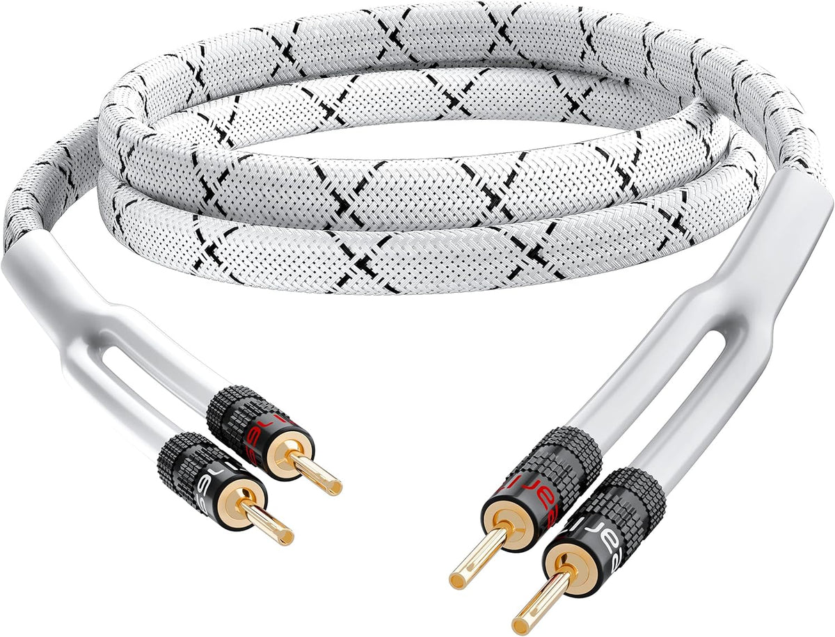 10AWG Speaker Cable with Gold-Plated Banana Tip Plugs, CL2 Rated, Braided, OFC, White, 25ft J846