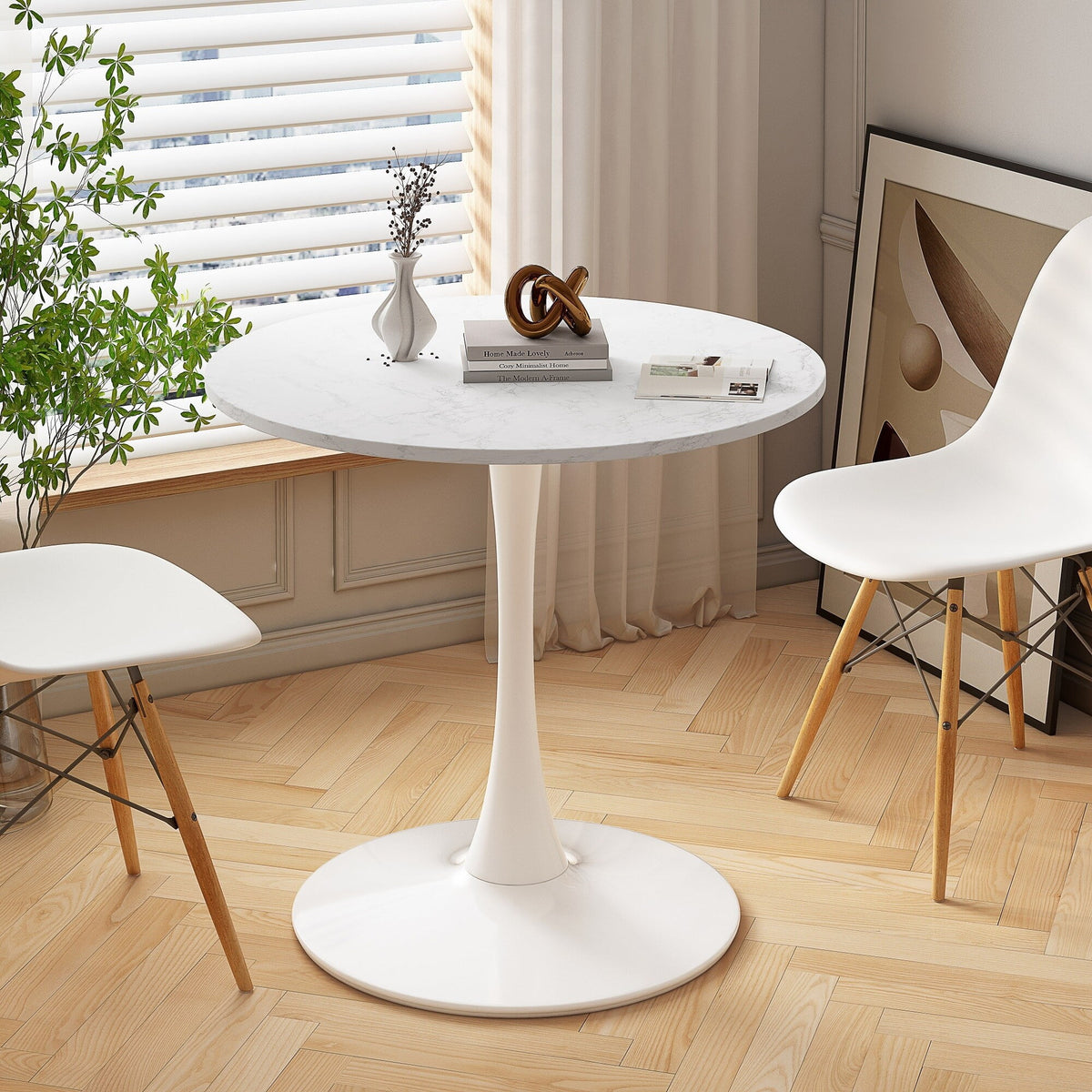 32" Round Marble White Dining Table with Metal Base W556