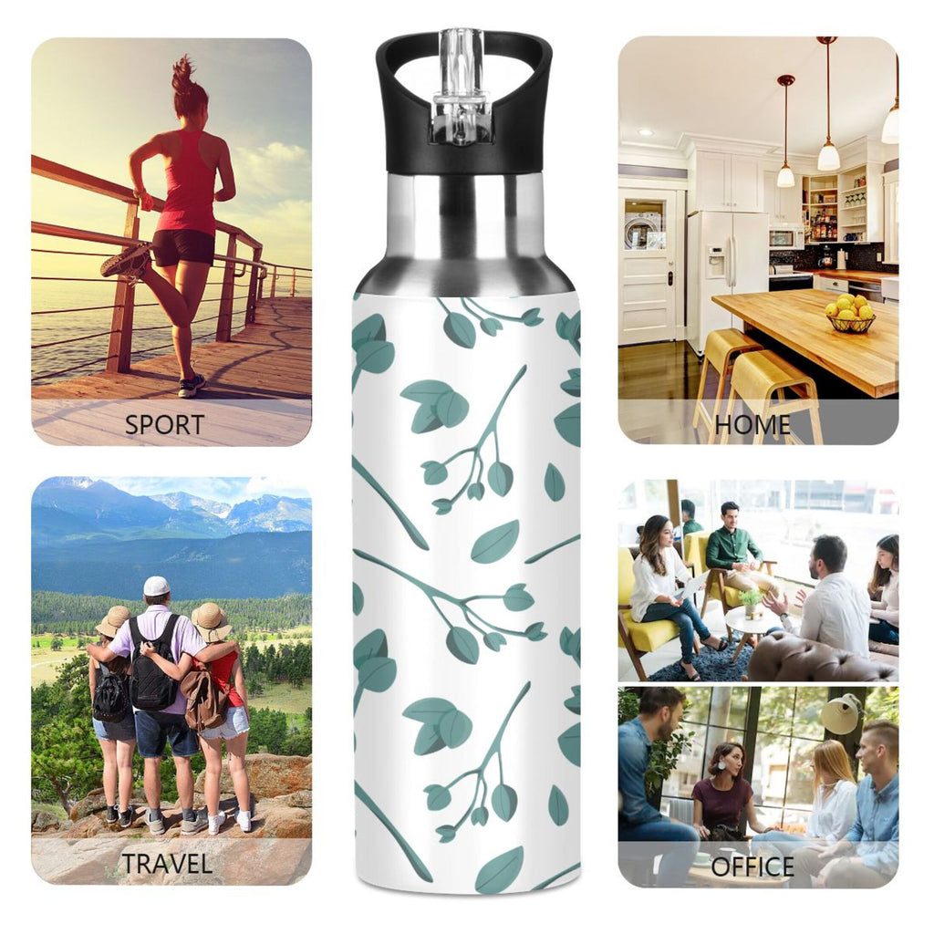 Blue Leaves Stainless Steel Insulated Water Bottle with Straw Lid W4107