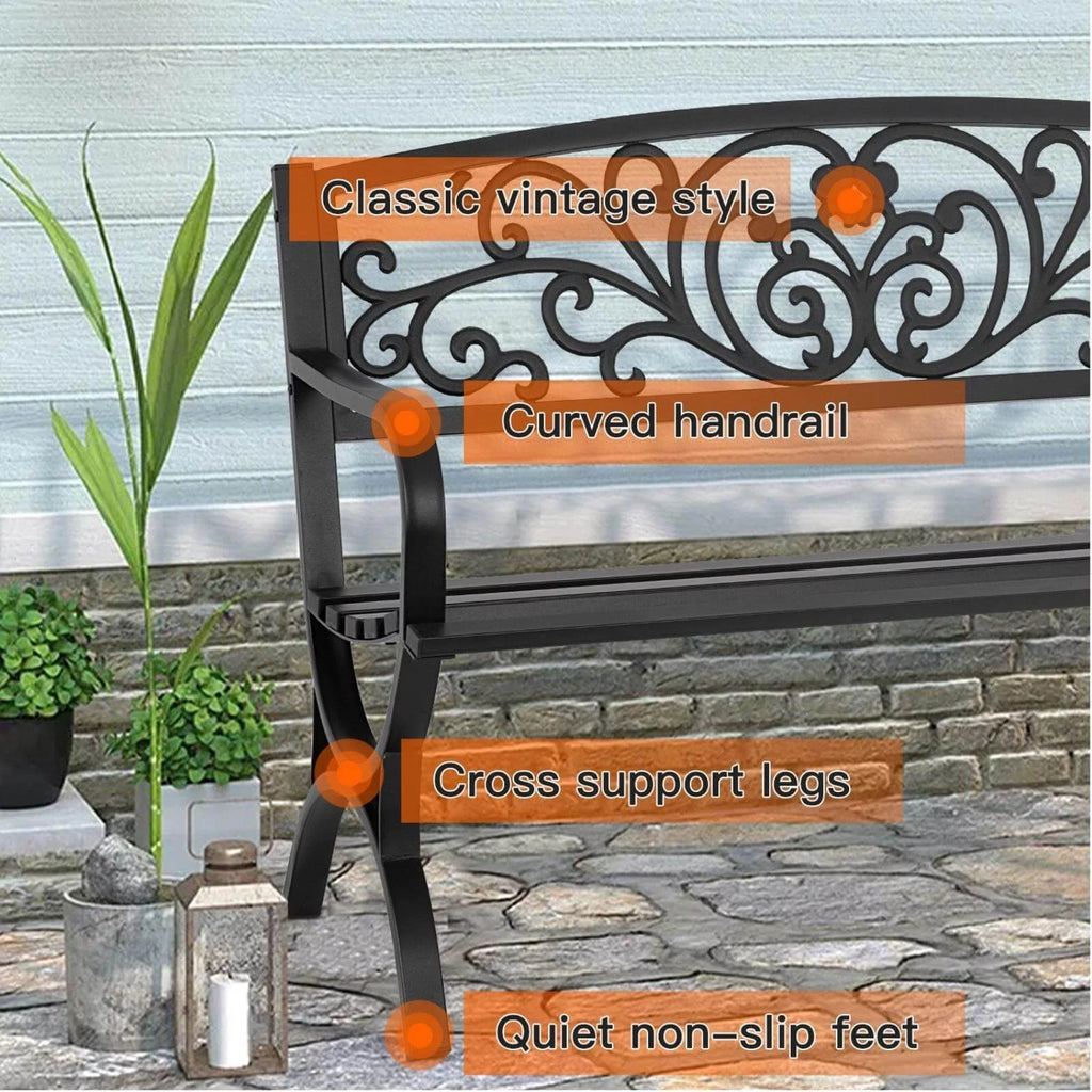 50-in Black Metal Garden Bench with Armrests I485