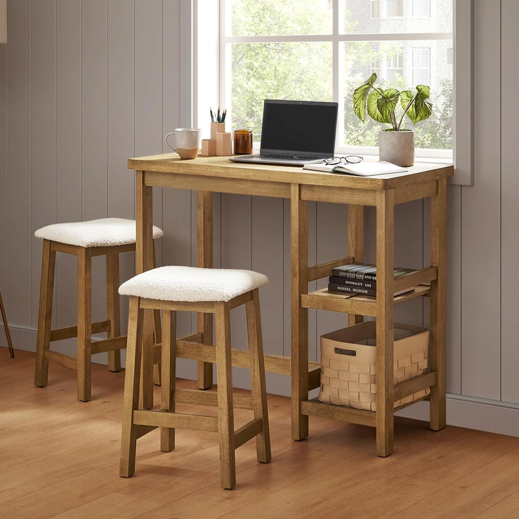Solid Wood 3-Piece Counter Table Set with 2 Boucle Stools Z744
