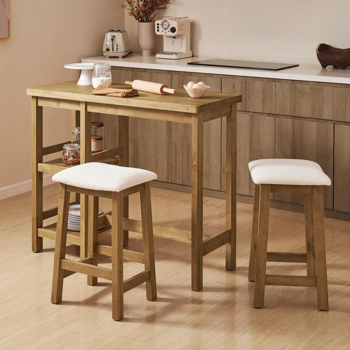 Solid Wood 3-Piece Counter Table Set with 2 Boucle Stools Z744
