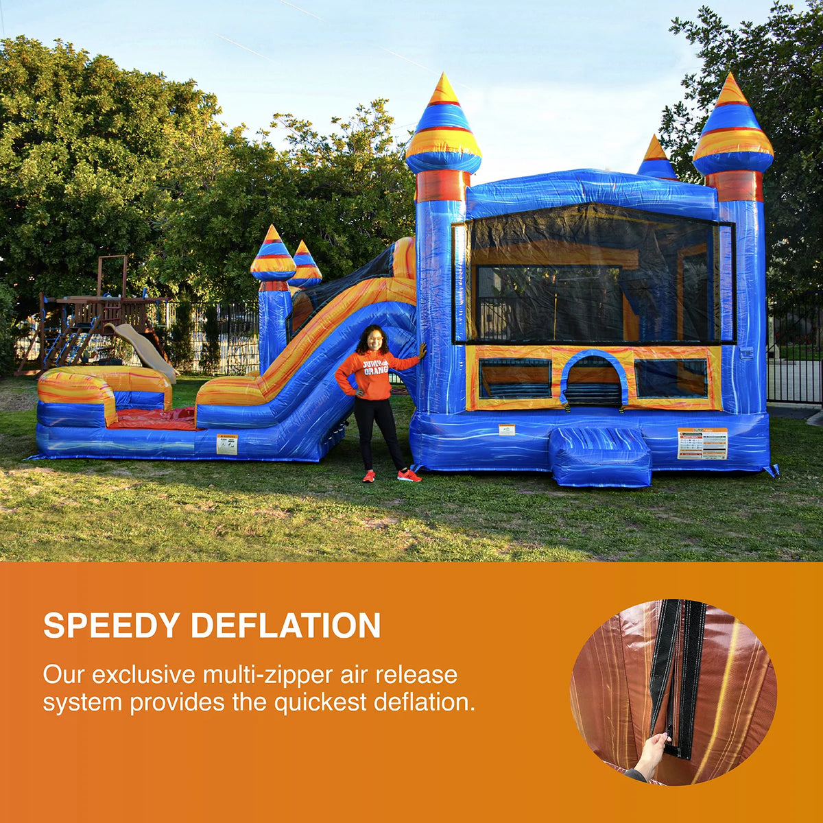 Inflatable Bounce with Two Slides, Heavy Duty Blower, Stakes and Storage F880329
