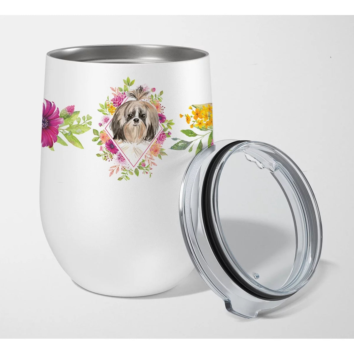 Shih Tzu Pink Flowers Stainless Steel 12 oz Stemless Wine Glass W927