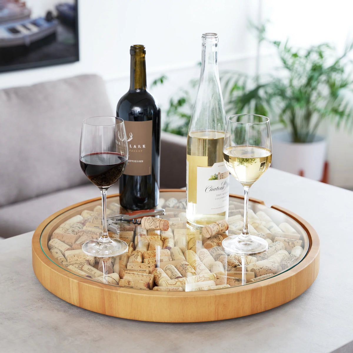 Wine Cork Collector Lazy Susan Turntable, Wooden and Glass Storage for 130 Corks Z575