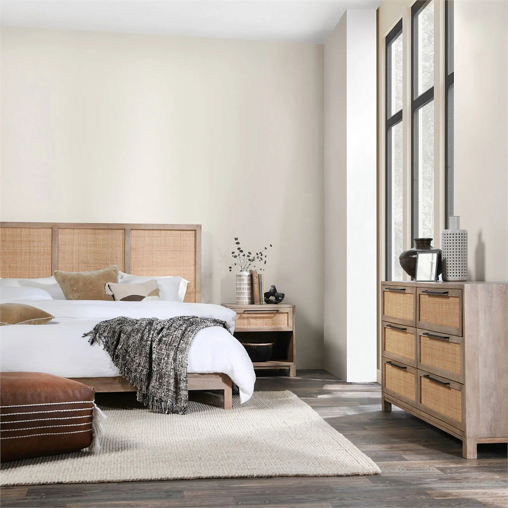 Queen Bed Open Weave Caning Solid Mango Wood Taupe O6996
