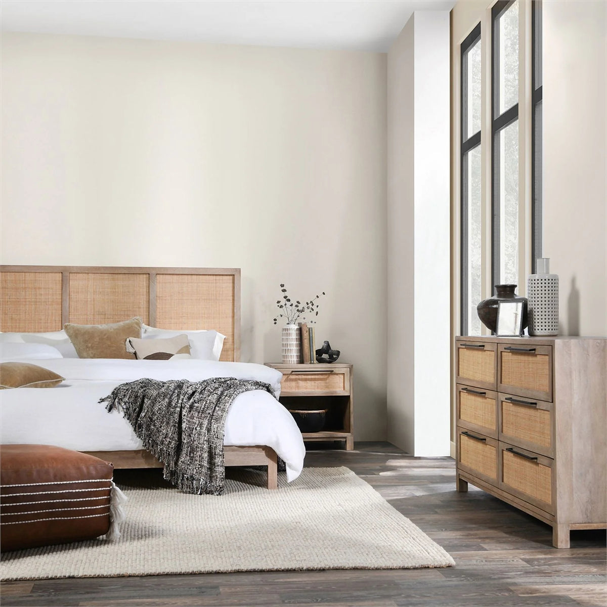 Queen Bed Open Weave Caning Solid Mango Wood Taupe O6996