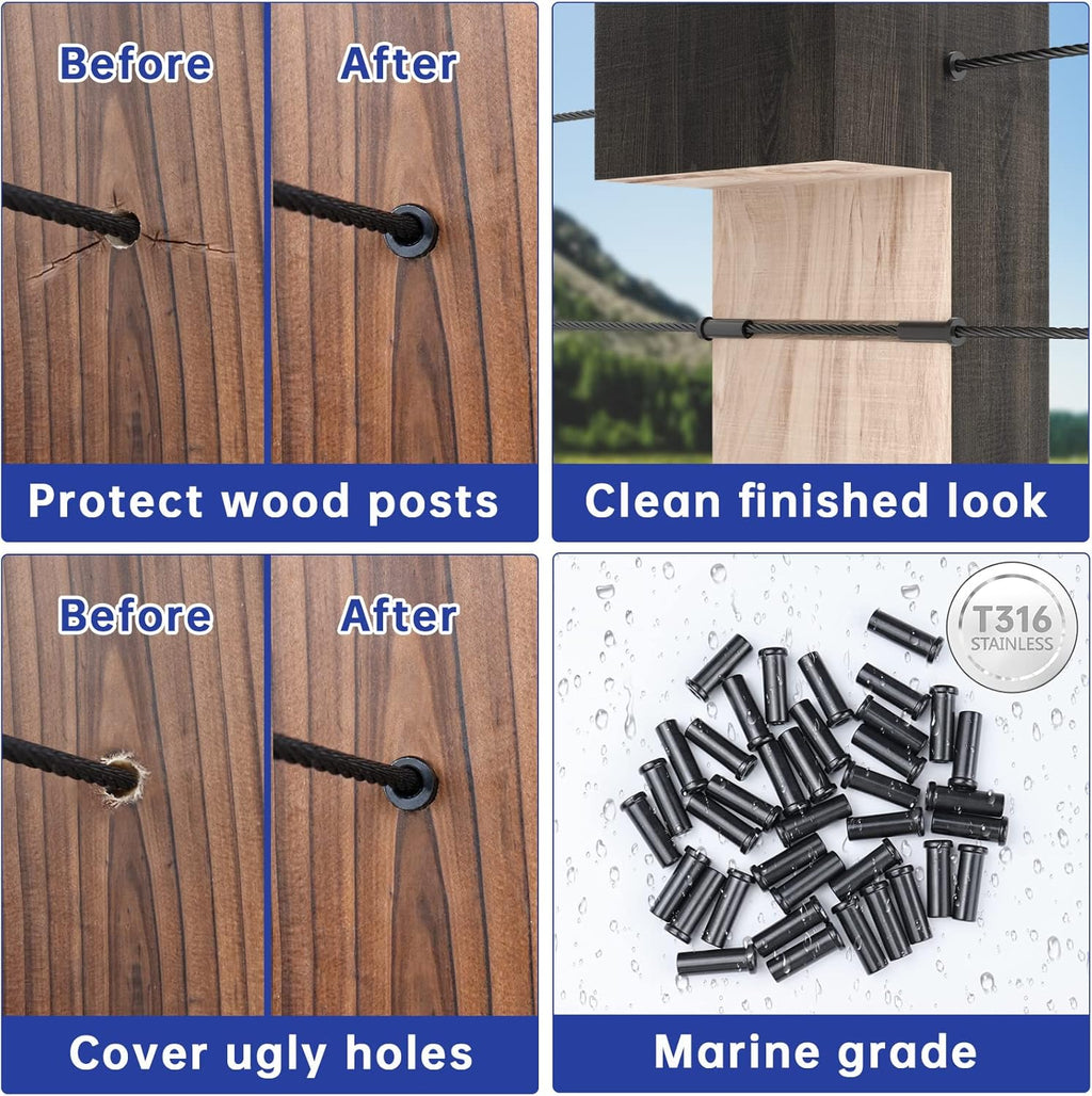 Black Stainless Steel Cable Railing Kit Hardware for 1/8" Wire Rope Wood Posts T316 Marine Grade Deck Stair Railing S26021