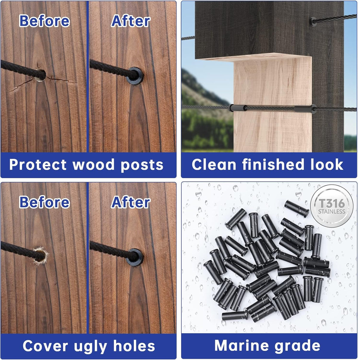 Black Stainless Steel Cable Railing Kit Hardware for 1/8" Wire Rope Wood Posts T316 Marine Grade Deck Stair Railing S26021