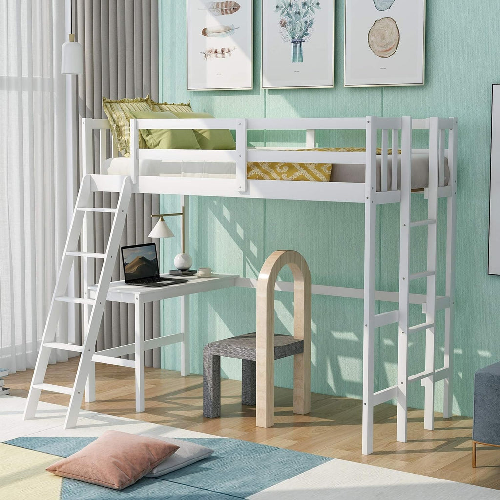 Espresso Wood Twin Loft Bed with Desk and Storage Drawers, Cabinet, Shelves O372