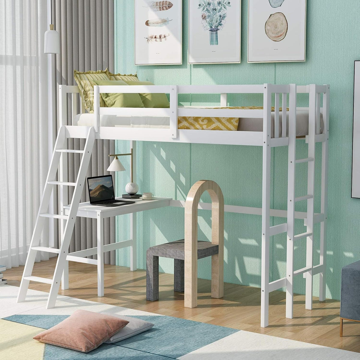 Espresso Wood Twin Loft Bed with Desk and Storage Drawers, Cabinet, Shelves O372