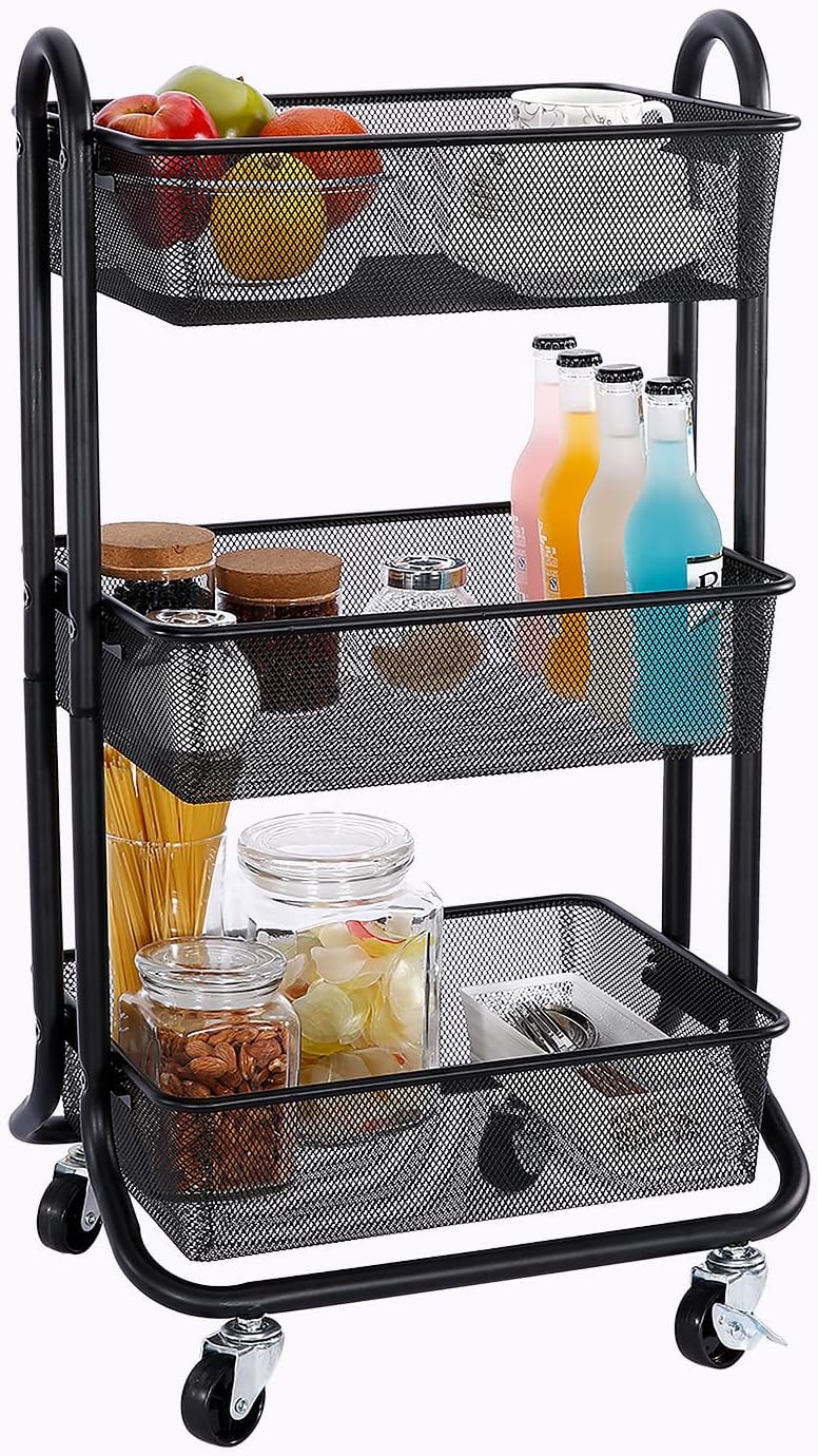 Turquoise 3 Tier Metal Rolling Utility Cart with Handle and Locking Wheels B422933