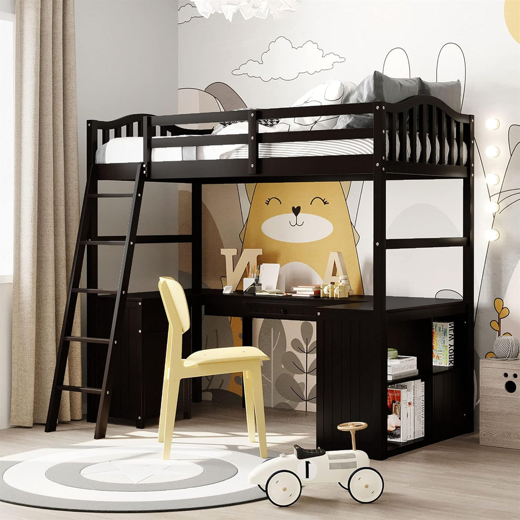 Espresso Wood Twin Loft Bed with Desk and Storage Drawers, Cabinet, Shelves O372