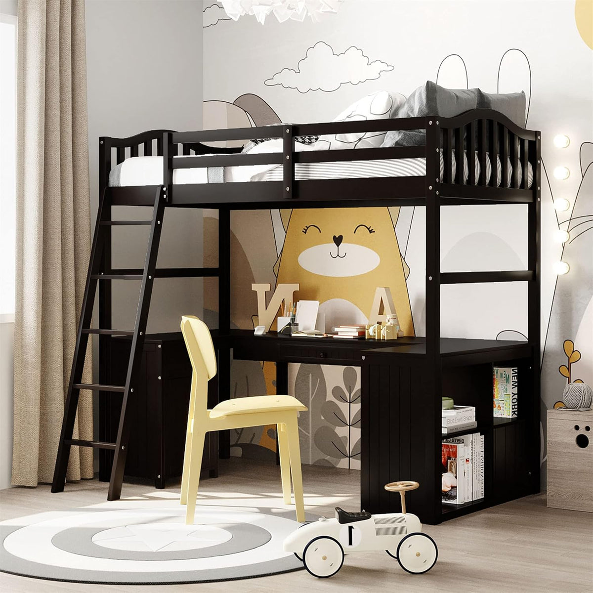 Espresso Wood Twin Loft Bed with Desk and Storage Drawers, Cabinet, Shelves O372