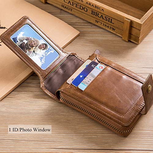 Genuine Leather Wallet with Zip Coin Pocket Coffee R5774