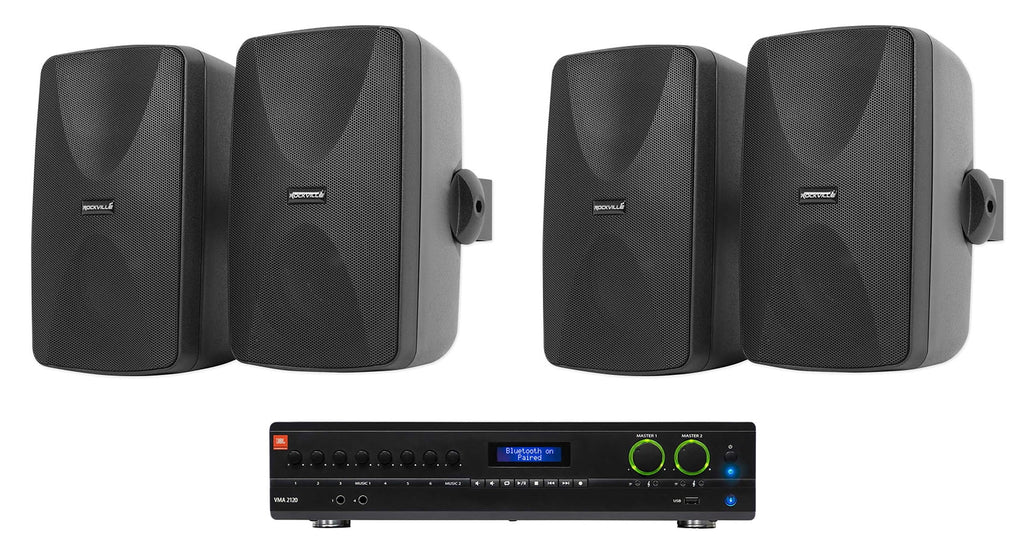 2-Ch Commercial Bluetooth Amplifier with 4 Black Wall Speakers O3891