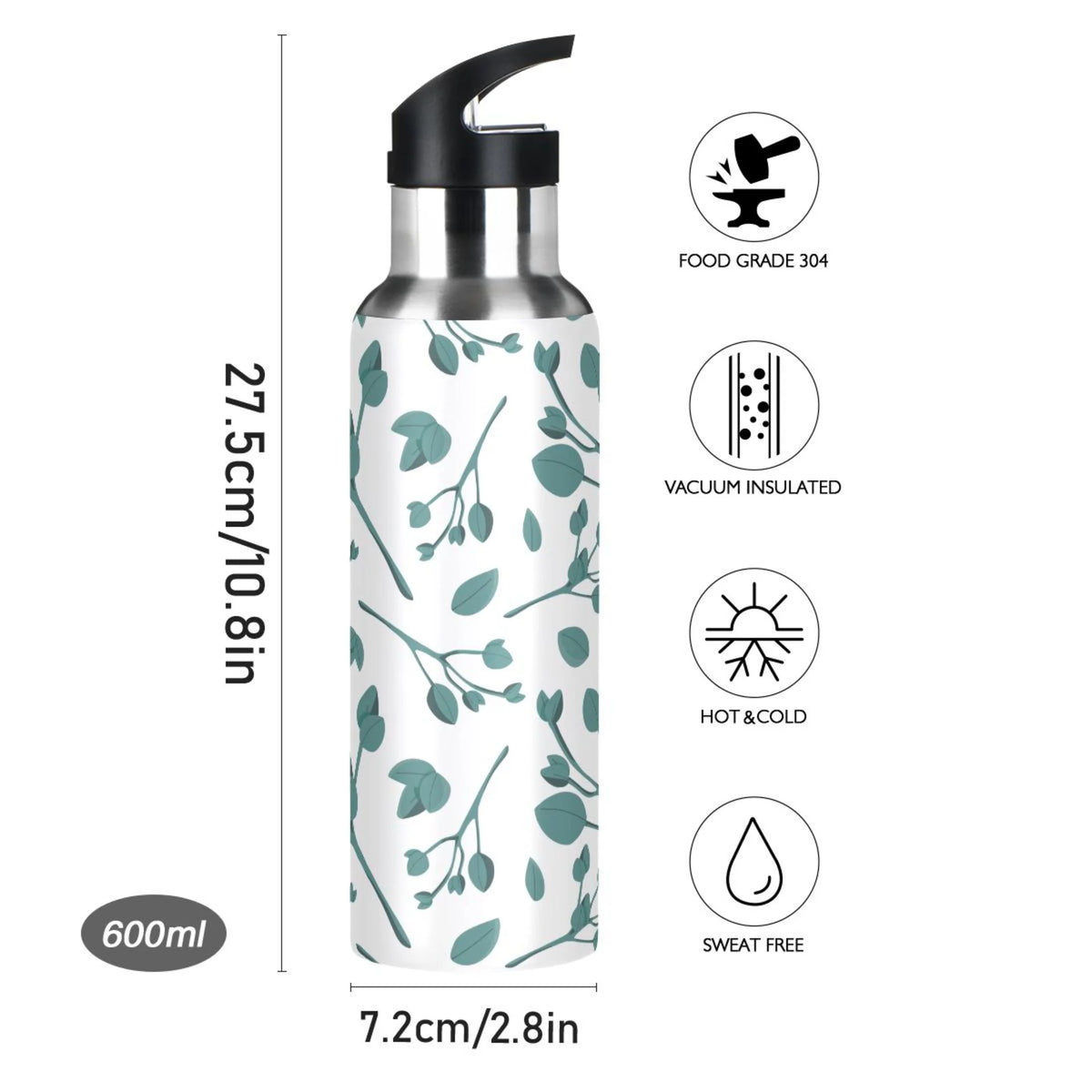 Blue Leaves Stainless Steel Insulated Water Bottle with Straw Lid W4107