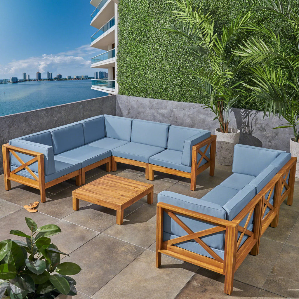 Teak Blue 8 Seater Wood Sectional Sofa Set with Coffee Table I26529