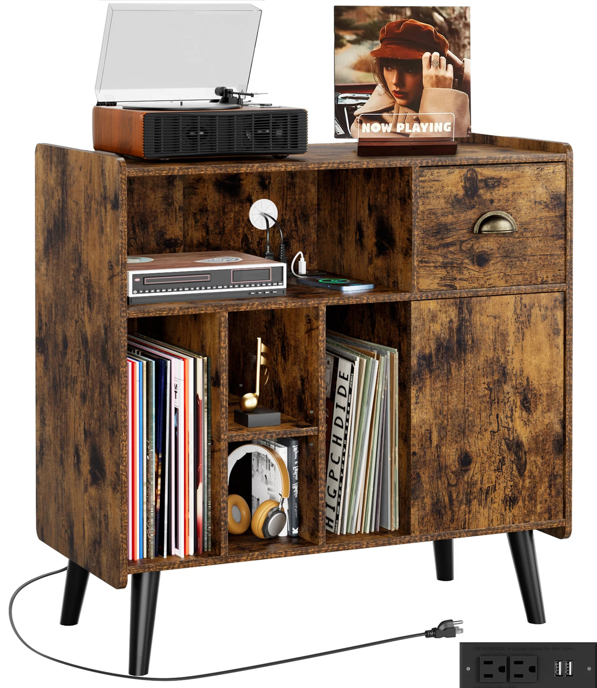 Record Player Stand with Vinyl Storage and Charging Station T5147