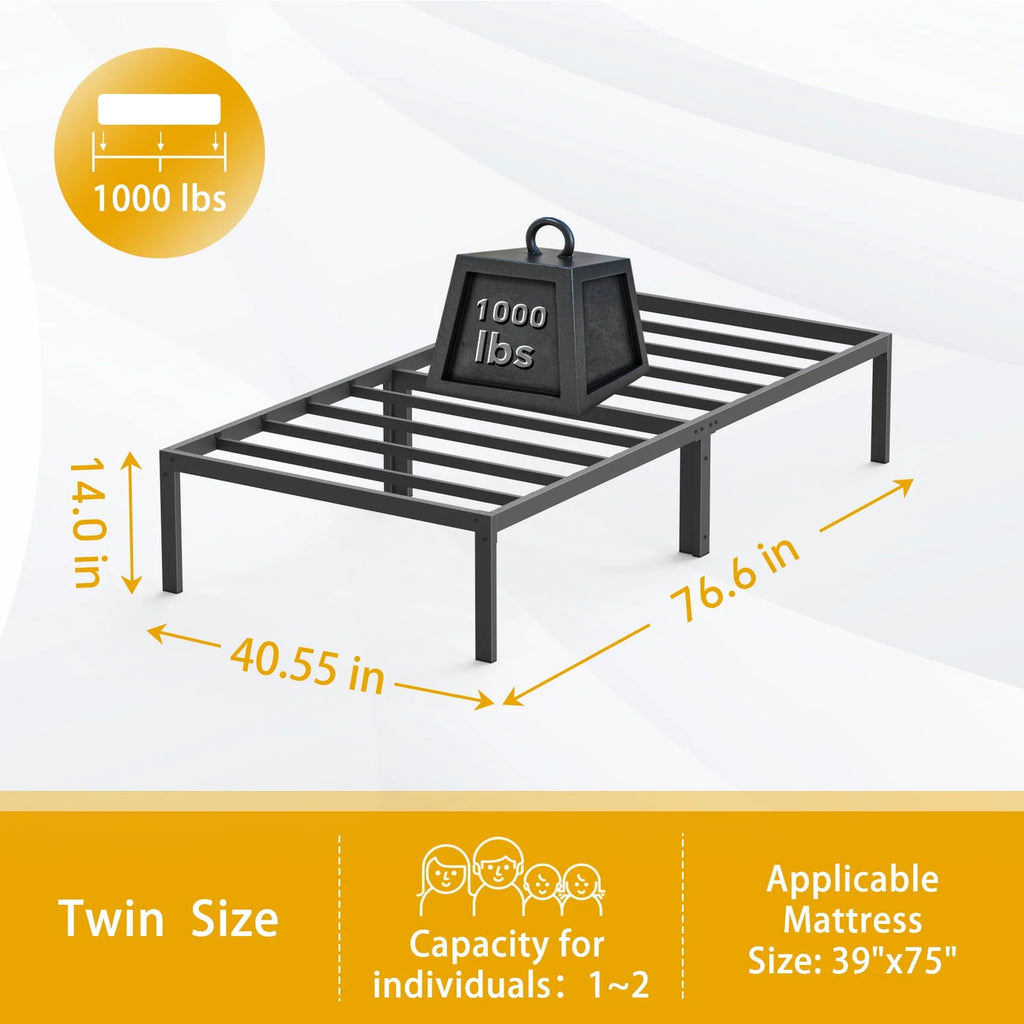 Heavy Duty Queen Size Metal Platform Bed Frame with 14 inch Under Bed Storage, Black P19483