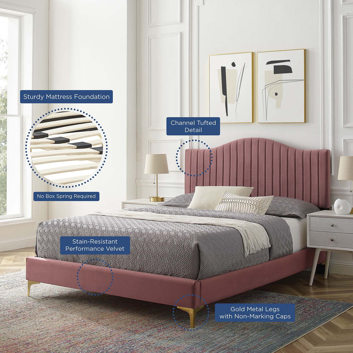 Pink Velvet Tufted Twin Size Platform Bed Frame N496637
